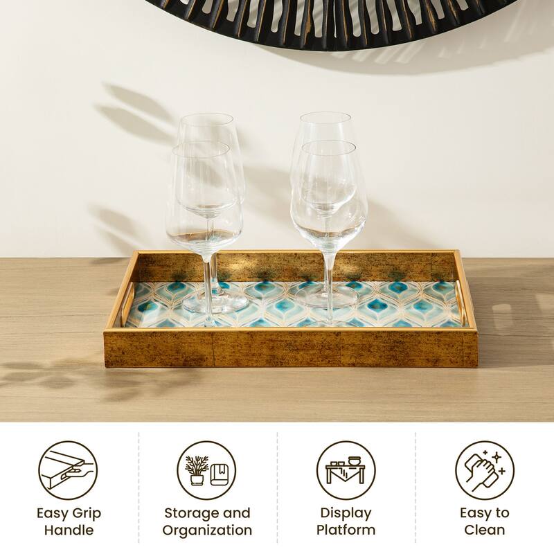 Glitzhome Set of 2 Rectangle Wooden & Plastic Decorative Trays with Handles