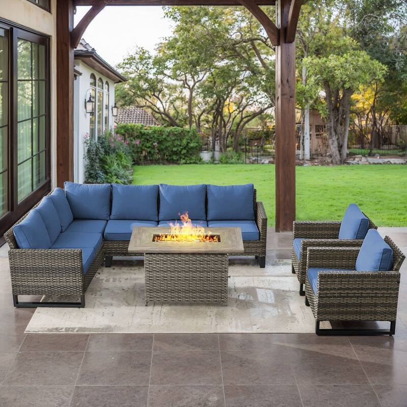 Gymojoy L-Shaped Outdoor Corner Sectional Sofa 6-seats Couch Conversation Set - 4 PCS - Fire Pit & Club Chairs - Grey Wicker / Blue Cusion