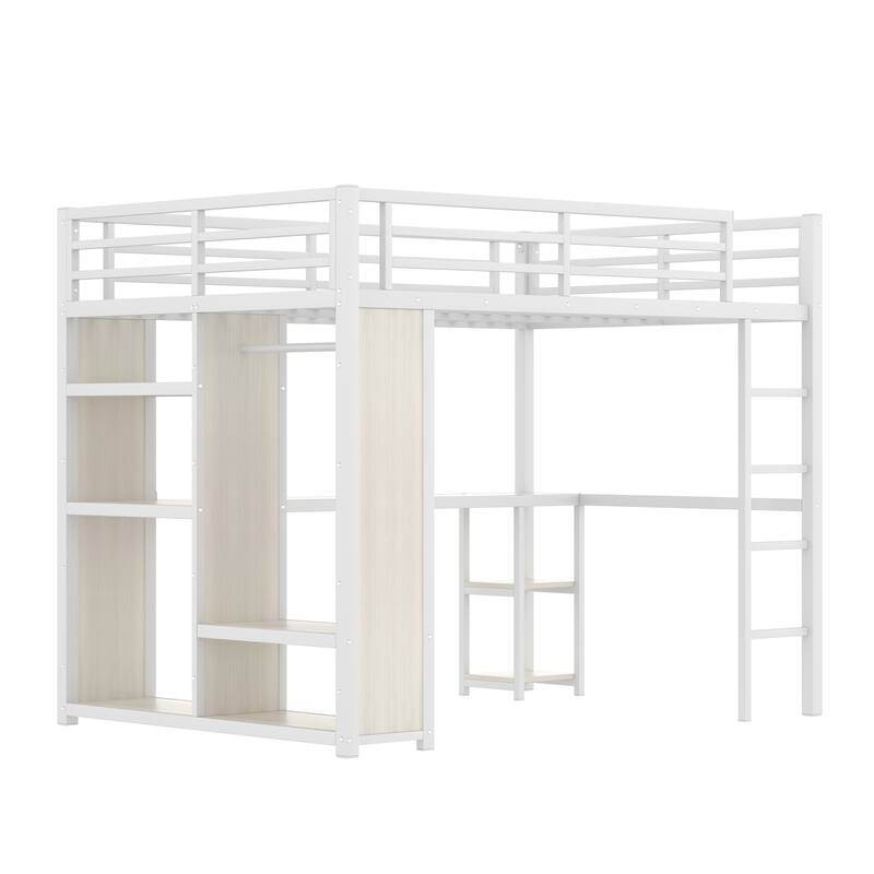 Queen Size Loft Bed with Wardrobe, Desk, and Storage Shelves in White Wood-grain Finish