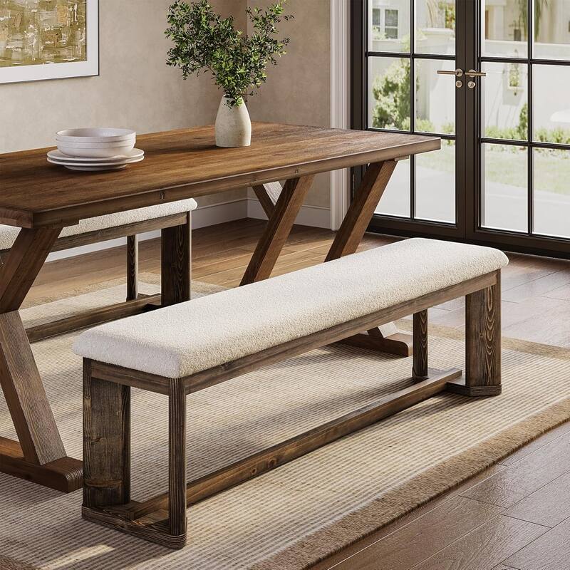 63" Solid Wood Upholstered Bench, Modern Rustic Entryway Bench with Cushion - 62.99" W x 13.78" D x 18.11" H