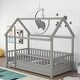 preview thumbnail 20 of 35, Wooden Floor Bed with House Roof Frame and Guardrails Twin - Grey