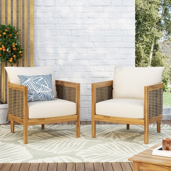 Burchett Outdoor Acacia Wood and Wicker Club Chairs (Set of 2) with Optional Sunbrella Cushions by Christopher Knight Home - Polyester Beige Cushion
