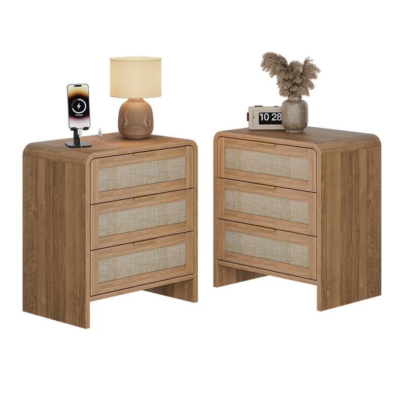 22.8" Rattan Nightstand with 3 Drawers, Curved Wooden Bedside Table with Modern Boho Design