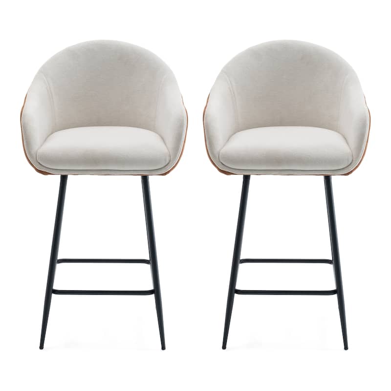 Set of 2 Modern Brown Upholstered Bar Stools, 26.5" Counter Height with Durable Metal Legs