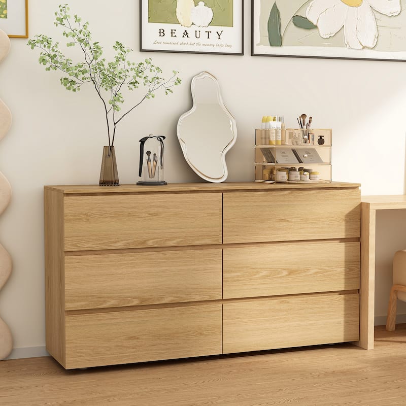 FUFU&GAGA 59" Modern Space Saving 6 Drawer Double Dresser Buffet Sideboard Chest - Oak