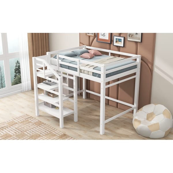 slide 2 of 13, Full Size Loft Bed with Shelves Stairs and Hanger White - Full