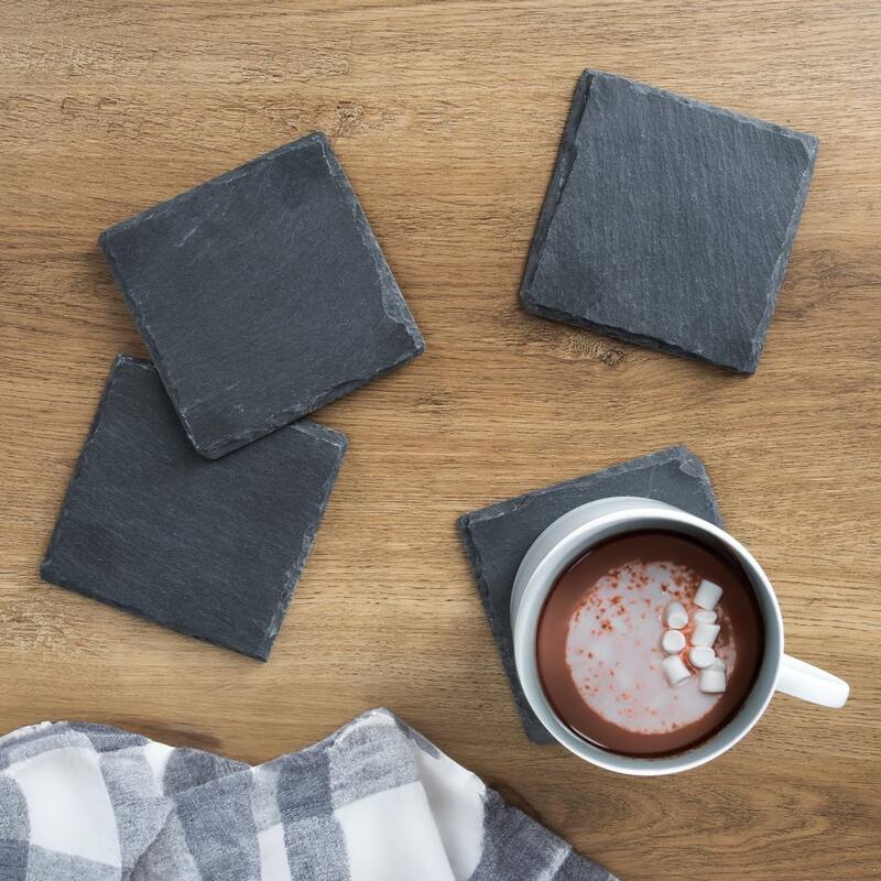4 Pack Natural Gray Slate Coasters with Protective Backing Elegant, Heat Tolerant, Easily Wipes Clean