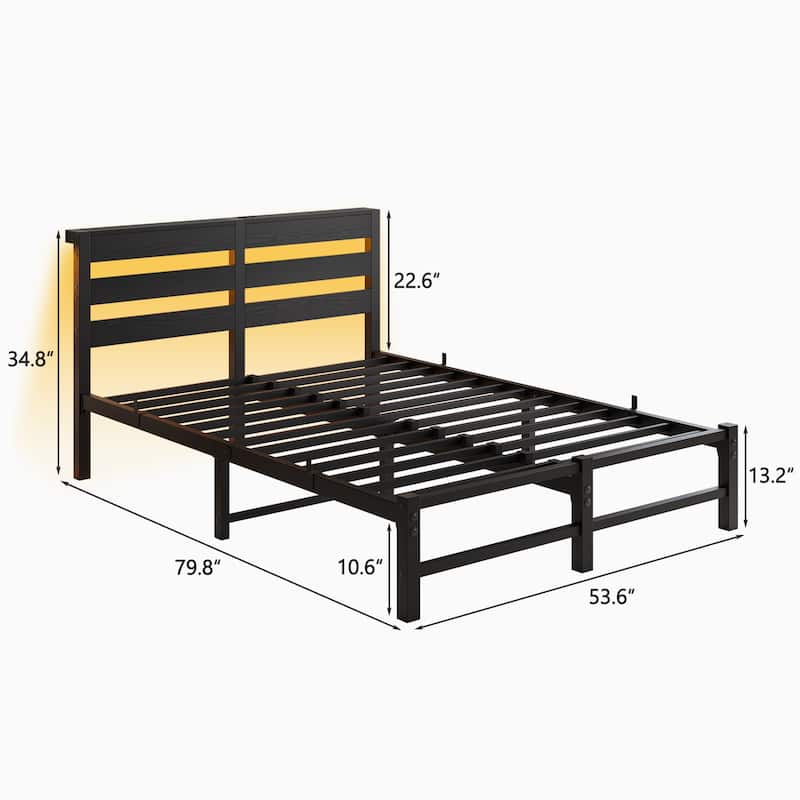 Full Size Modern Metal Bed with Wooden Headboard, RGB Lights, and Storage Shelf