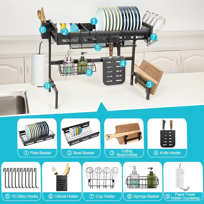 Adjustable Multifunctional Over Sink Dish Drying Rack, 25.6-35.5in