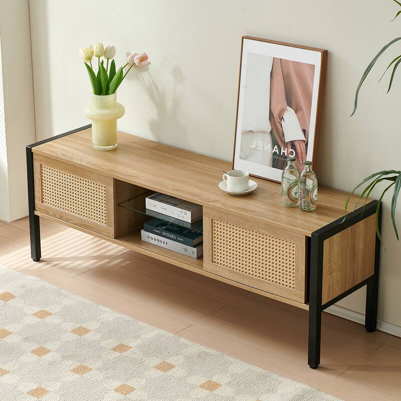 54.33" Rattan TV cabinet with variable color light strip, double sliding doors,adjustable shelf, metal legs, TV console