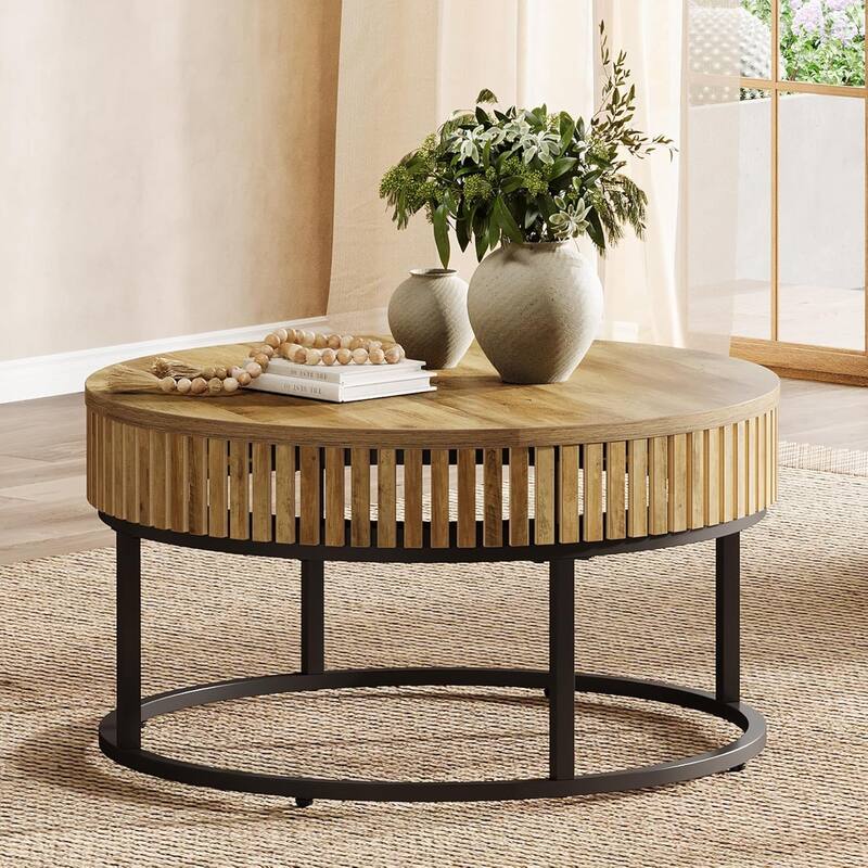 31.5-Inch Brown MDF Coffee Table, Round Industrial Center Table