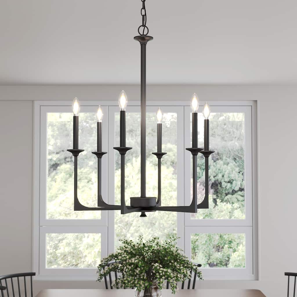 6-Light Matte Black Modern Chandelier, Height Adjustable Pendant