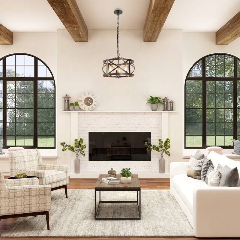 Modern Farmhouse 4-Light Drum Chandelier Wood Grain Lights for Dining Room - D15.5" x H76"