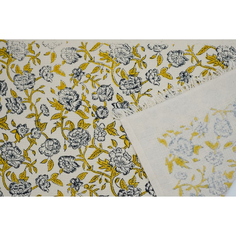 Fabdivine Hand Block Floral Print Waffle Weave Kitchen, Dining Room Use, Gift Hand Towel - Mrignayani- Dark Blue, Yellow - Set of 8