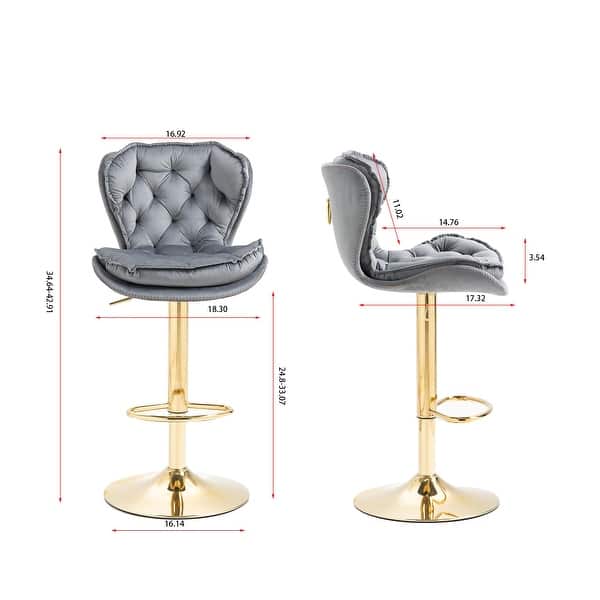 dimension image slide 3 of 5, 2 Velvet Bar Stools with Chrome Footrest and Base Swivel Height Adjustable