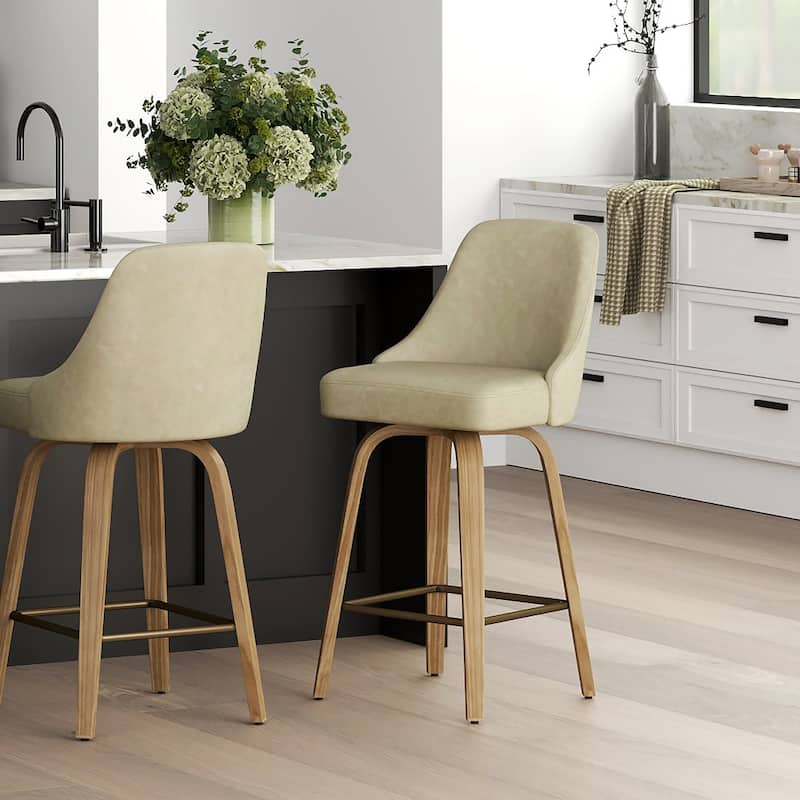 Modern Faux Leather & Bentwood 26" Counter Stool w/Swivel, Set of 4 - Ivory & Whitewash