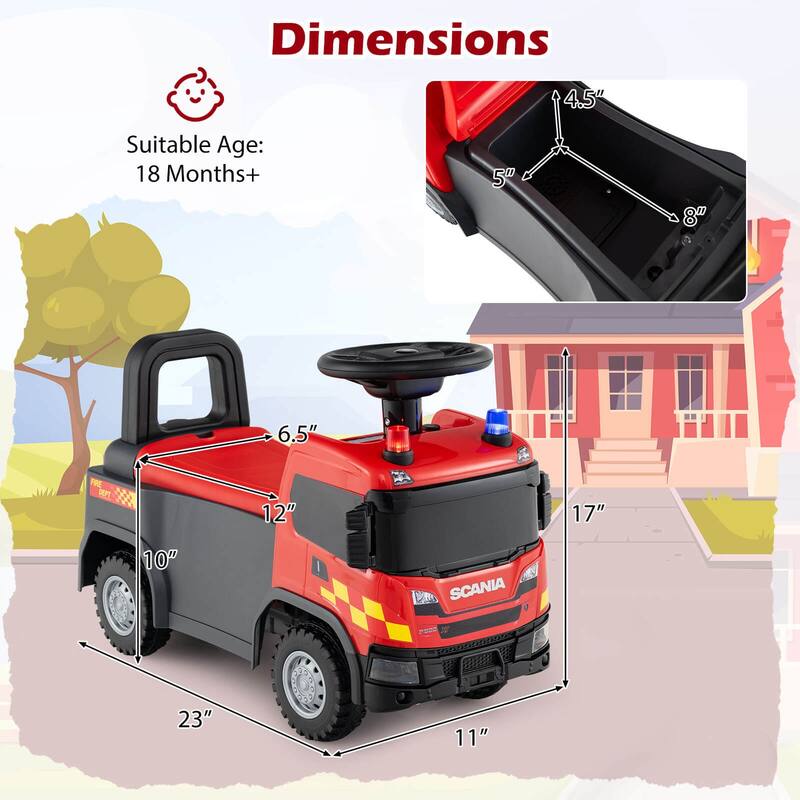 Costway Licensed Scania Toy Fire Truck with Lights Sounds & Under-Seat - See Details