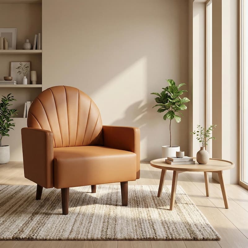 Contemporary Shell-shaped Amchair with Upholstery and Wooden Legs, Suitable for Living Rooms - Orange