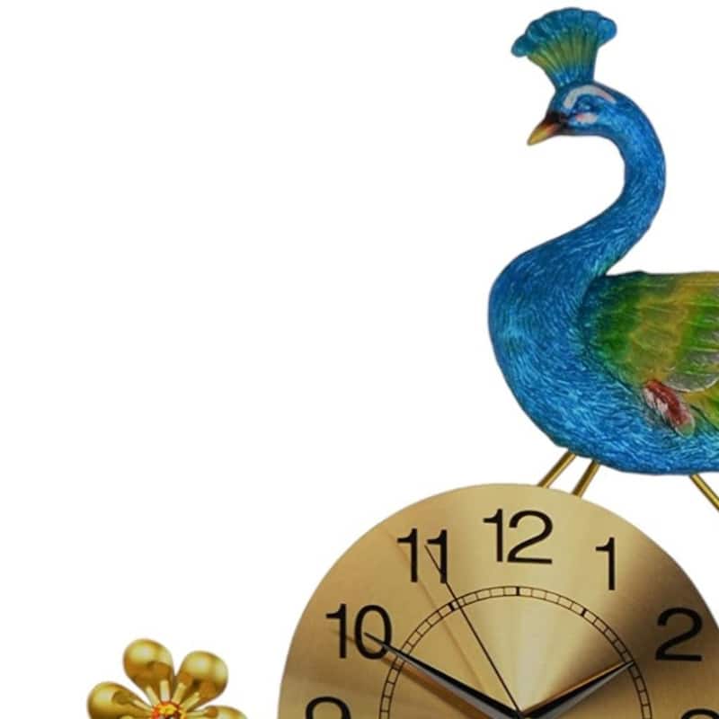 HomeRoots 21" Blue Green And Gold Metal Silent Analog Peacock Novelty Wall Clock - 21.00 in. x 36.00 in. x 2.00 in.
