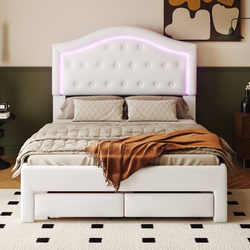 Full Size Upholstered Platform Bed with LED and Drawers