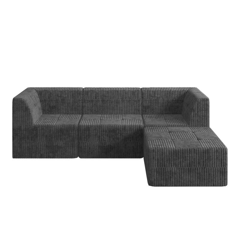 Minimalist Corduroy Upholstered Sectional Sofa with Chaise, Modular Compressed Sleeper Couch with Ottoman for Living Room