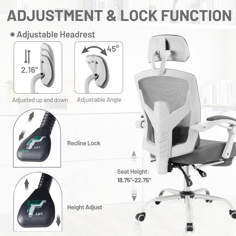 Ergonomic Office Chair with Footrest, High-Back Mesh Rolling Swivel Reclining Chairs Computer Desk Seat
