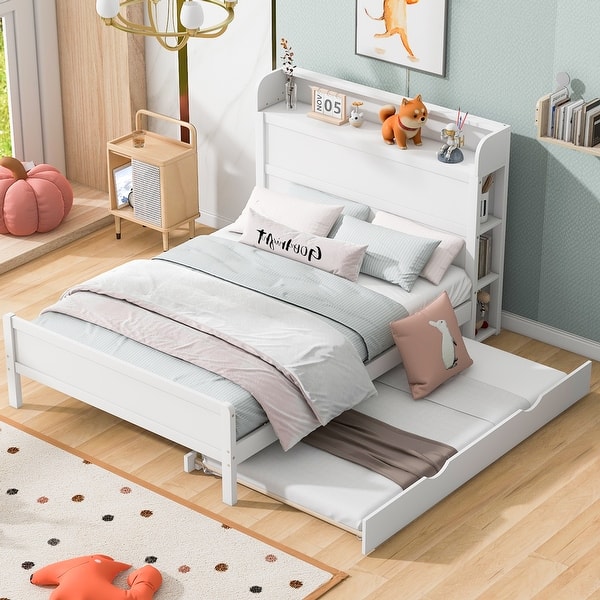 slide 2 of 22, Full Size Platform Bed with Storage Headboard Multifunctional Wooden Bedframe with Twin Size Trundle for Kids Teens Bedroom White - Full
