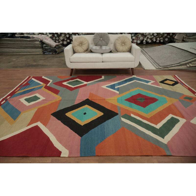 Hand Woven Oriental 100% Wool Carpet Southwestern Modern Multi-Colored Kilim Area Rug - 11' 2'' X 7' 11''