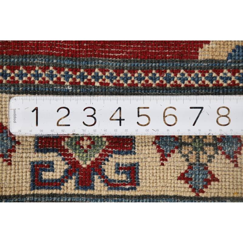 Red Geometric Kazak Runner Rug Handmade Oriental Wool Carpet - 2'9" x 10'1"