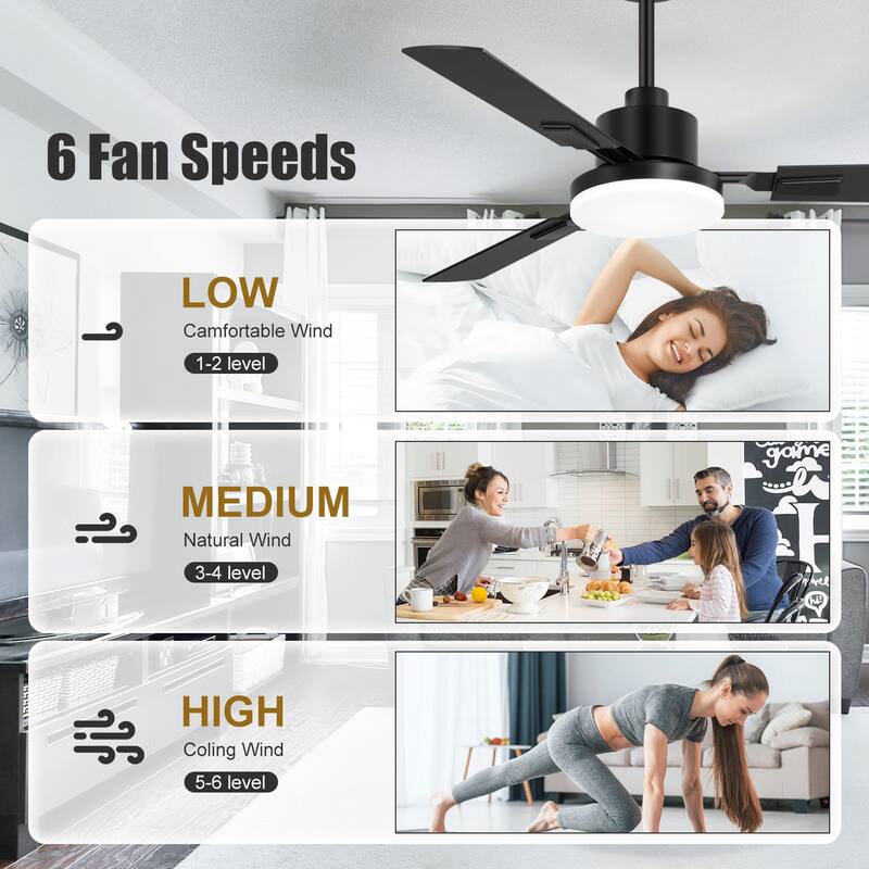 48/52/60-inch Modern Ceiling Fan with LED Light and Remote (3/5/6 Reversible Blades)
