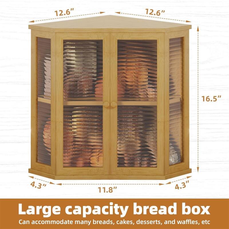 Extra-large locust wood square bread box 16.5-inch wooden bread box with glass wave door, farmhouse style design.