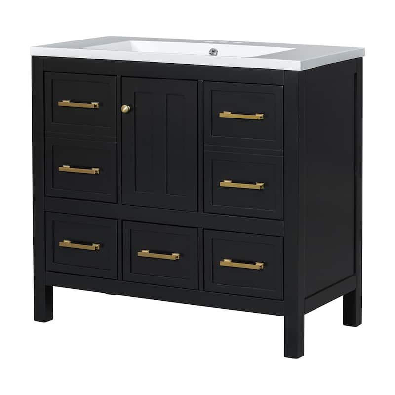 Roomfitters 36" Vanity with Resin Sink, Solid Wood Cabinet with 5 Drawers and Soft Closing Doors, Freestanding Storage Set