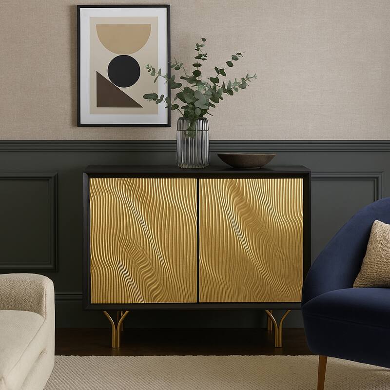 Yien Sideboard Console, 2 Carved Doors, Gold Legs, Black Wood 40 Inch