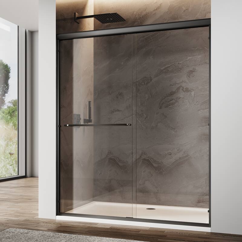 Elegant Double Sliding Shower Door Black Finish Framed with 1/4 inch Clear Tempered Glass