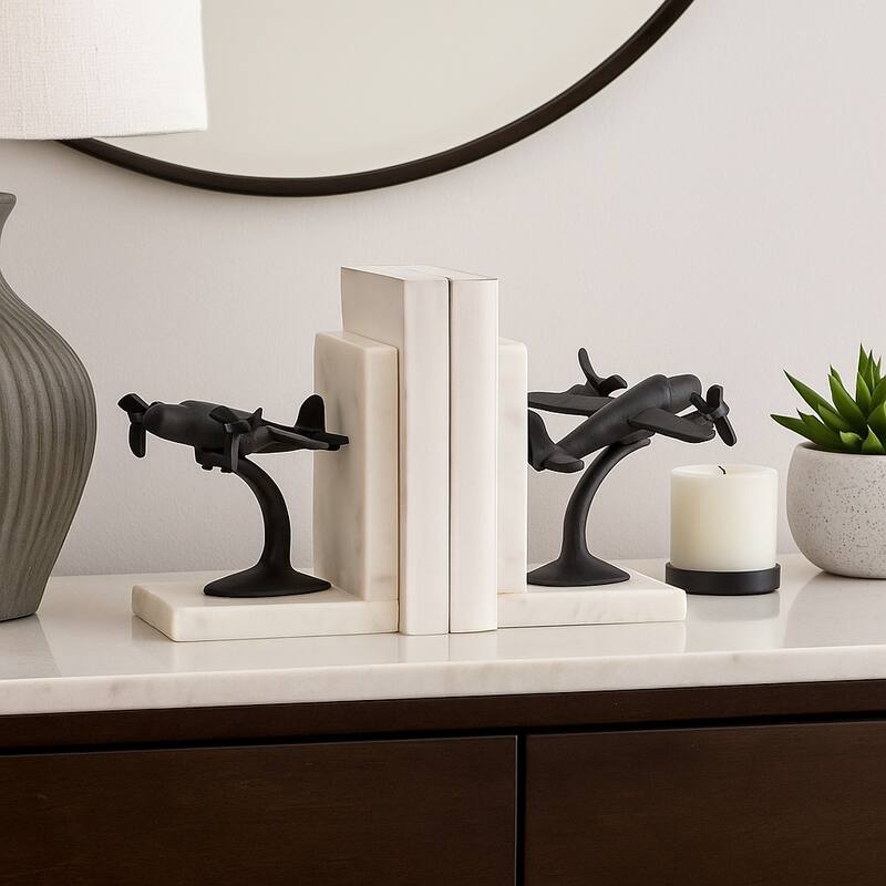 Decorative Airplane Bookends on Marble L-Shape Base - 6", Black &White - 6.25"