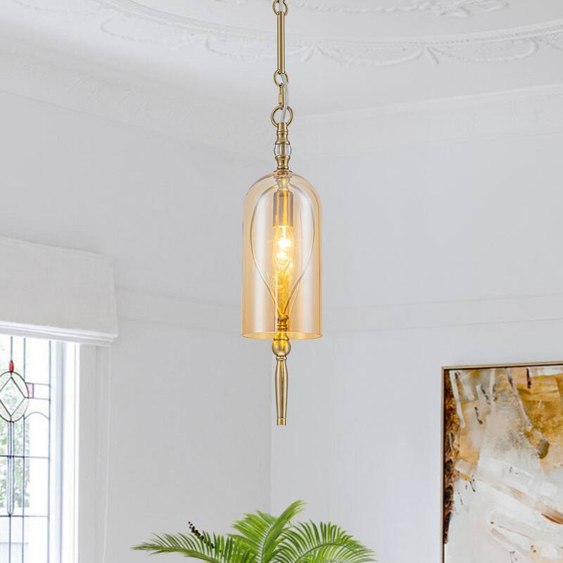 Vintage Gold Mini Pendant Light with Amber Glass Shade Fixture - Dia.4.72-in - Dia.4.72-in