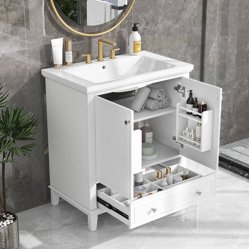 30" Bathroom Vanity with Sink Combo, Multi-functional Bathroom Cabinet with Doors and Drawer, Solid Frame and MDF Board, White - White