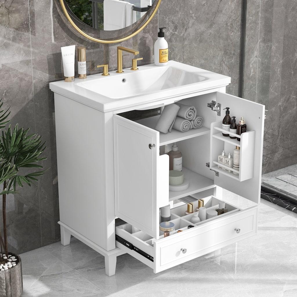 Bathroom Vanity with Ceramic Sink, Solid Wood & MDF Base, 1 Drawer & 2 Doors, Adjustable Shelf - 30in L Solid Wood+MDF
