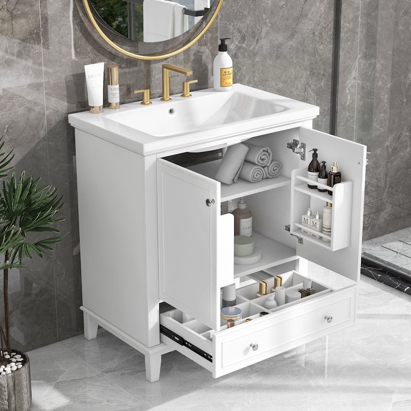 GDFStudio - Emerson 30-Inch Freestanding Bathroom Vanity with Ceramic Sink, Multi-functional Cabinet and Drawer - White - 30"