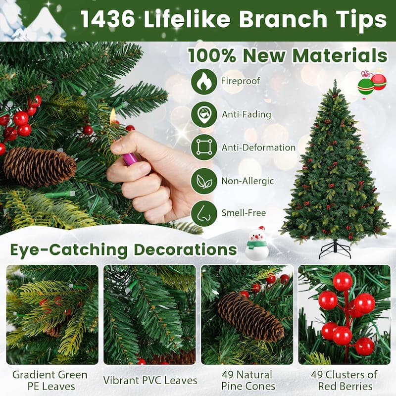 Costway 5/6/7/8 FT Artificial Christmas Tree with 250/370/500/650 RGB - Green - See Details