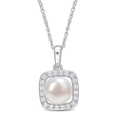 Miadora 7-7.5mm Cultured Freshwater Pearl and 1/5 ct TGW Created White Sapphire Halo 10k White Gold