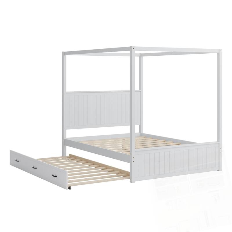 Modern Queen Size Canopy Platform Bed with Trundle and Three Storage Drawers