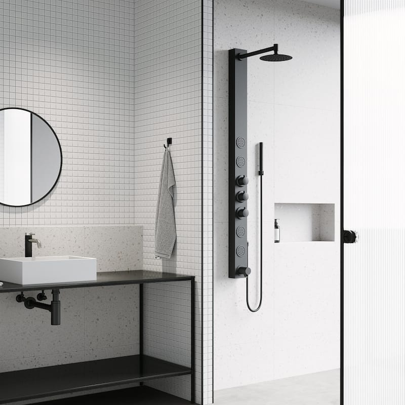 VIGO Bowery 58" H x 4" W 4-Jet Shower Panel with Round Shower Head and Tub Filler