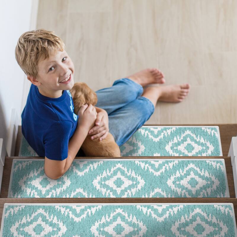 SussexHome Tetra One Design 9" X 28" Stair Treads - 70% Cotton Anti-Slip Carpet Strips for Stairs-with Double Adhesive Tape - 7 PACK - Light Teal