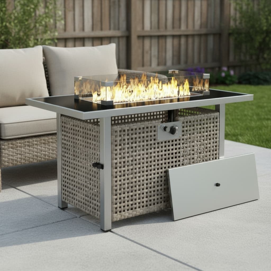 60000 BTU 45" Gray And Black Steel And Wicker Propane Fire Pit Table With Cover