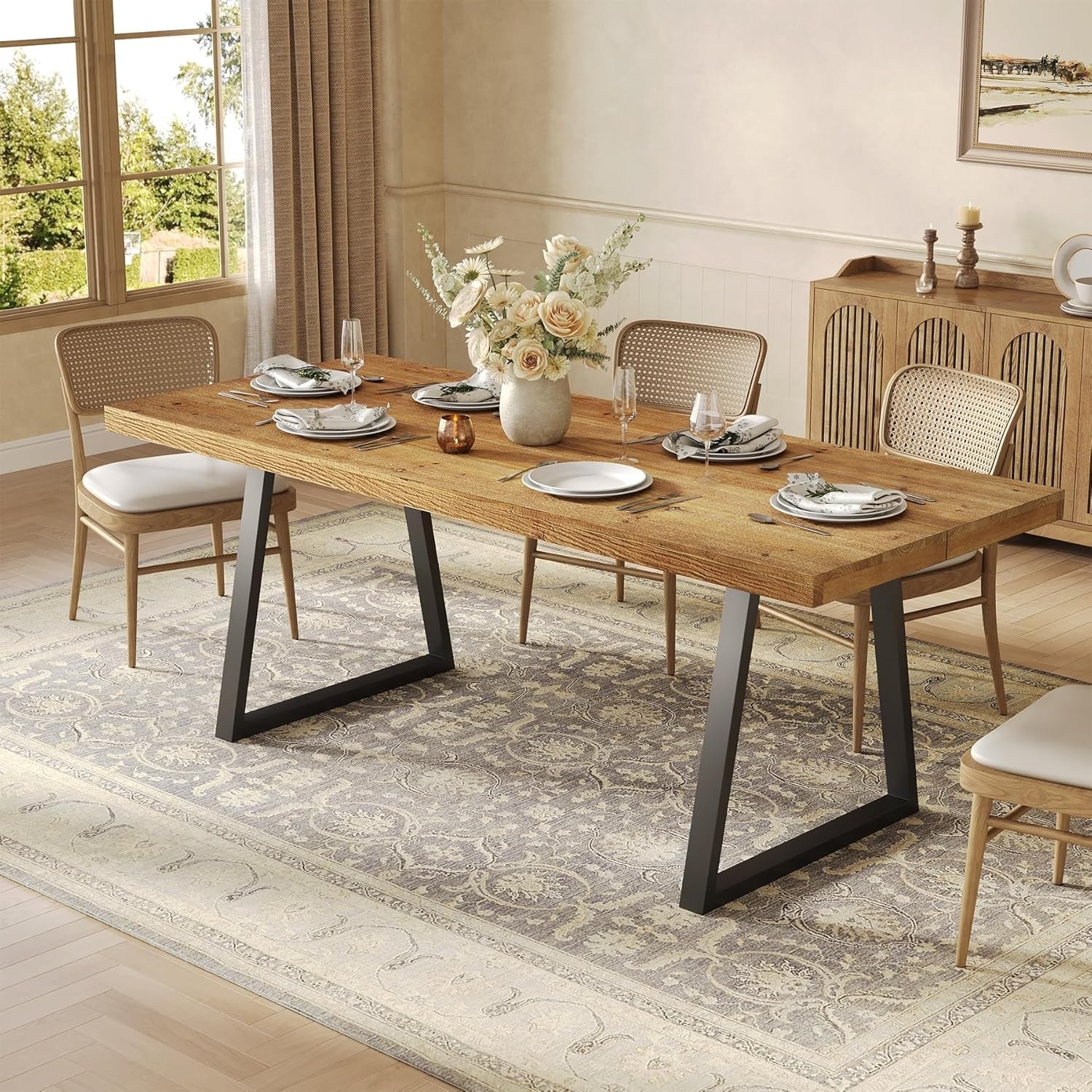 Solid Wood Dining Table for 4-6 People, 63 Inches Rectangular Kitchen Table