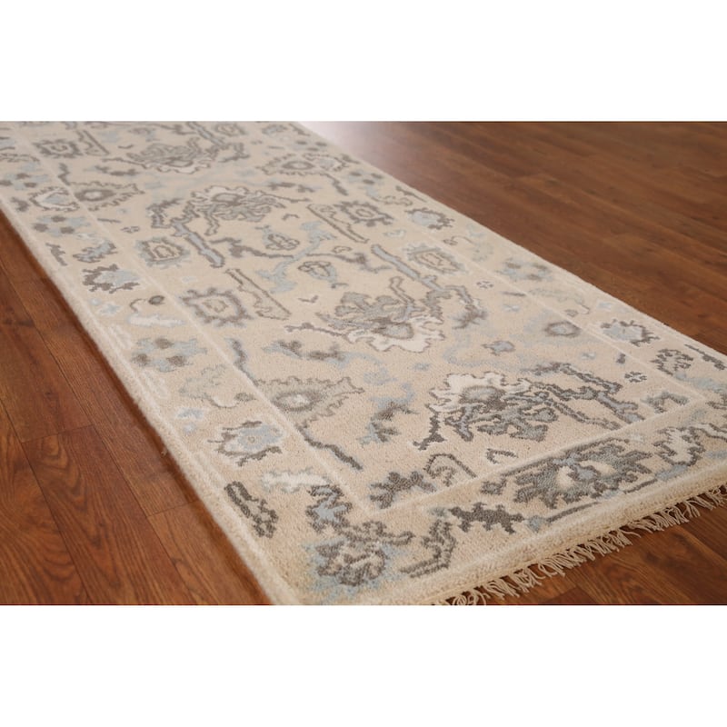 Earth Tone Oushak Indian Runner Rug Hand-Knotted Wool Carpet - 2'6" x 7'11" - Ivory/Beige - 2'6" x 7'11"