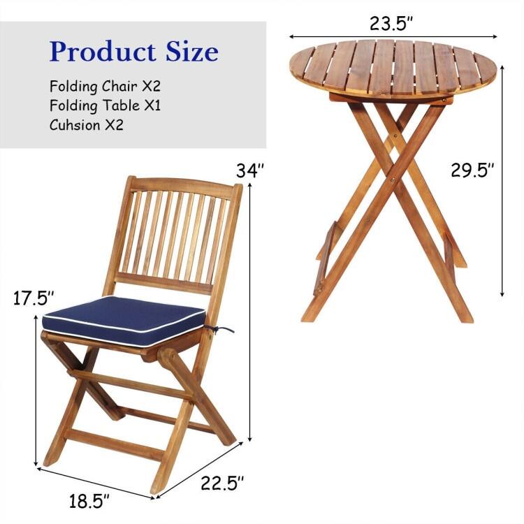 3 Pieces Patio Folding Bistro Set with Padded Cushion and Round Coffee Table - 23.5" x 23.5" x 29.5" (L x W x H)