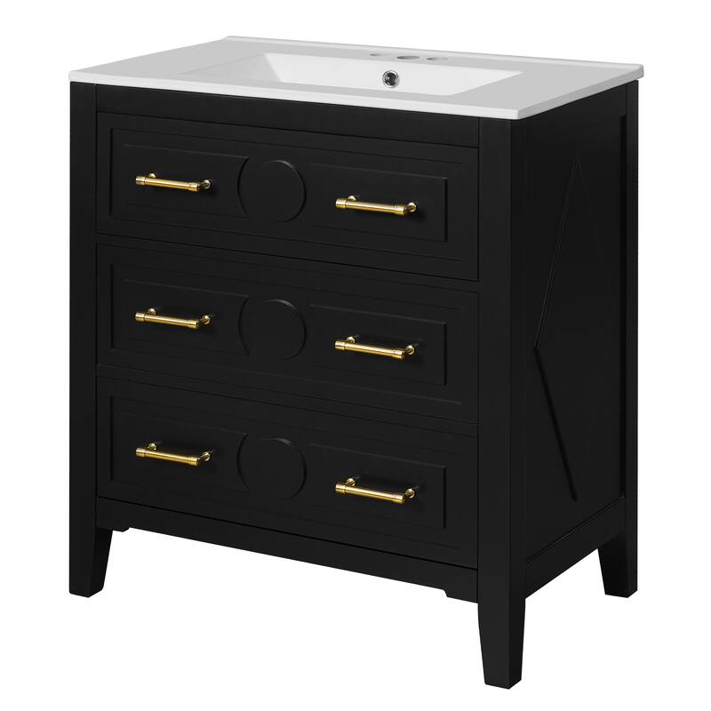 Free Standing Retro Carved Pattern Bathroom Vanity with Ceramic Sink, Tip-out Drawer, 2 Pull-out Drawers and Gold Handles