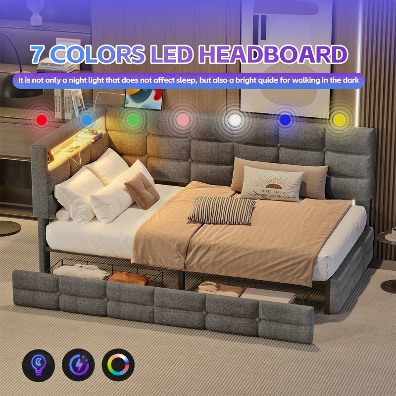 Twin Size Upholstered Daybed L-shaped Daybed with Storage Headboard, 2 Drawers, LED Lights, Charging Station, Linen Fabric